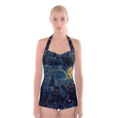 Castle Starry Night Van Gogh Parody Boyleg Halter Swimsuit  by Sarkoni