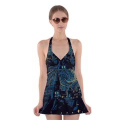 Castle Starry Night Van Gogh Parody Halter Dress Swimsuit  by Sarkoni