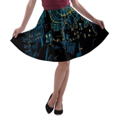 Castle Starry Night Van Gogh Parody A-line Skater Skirt by Sarkoni