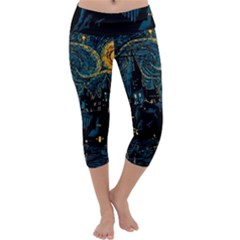 Castle Starry Night Van Gogh Parody Capri Yoga Leggings by Sarkoni