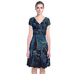 Castle Starry Night Van Gogh Parody Short Sleeve Front Wrap Dress by Sarkoni