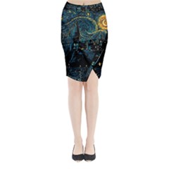 Castle Starry Night Van Gogh Parody Midi Wrap Pencil Skirt by Sarkoni