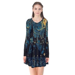 Castle Starry Night Van Gogh Parody Long Sleeve V-neck Flare Dress by Sarkoni