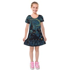 Castle Starry Night Van Gogh Parody Kids  Short Sleeve Velvet Dress by Sarkoni