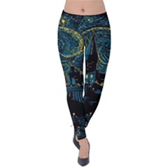 Castle Starry Night Van Gogh Parody Velvet Leggings by Sarkoni