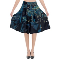 Castle Starry Night Van Gogh Parody Flared Midi Skirt by Sarkoni