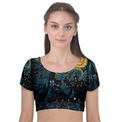 Castle Starry Night Van Gogh Parody Velvet Short Sleeve Crop Top  by Sarkoni