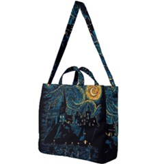 Castle Starry Night Van Gogh Parody Square Shoulder Tote Bag by Sarkoni