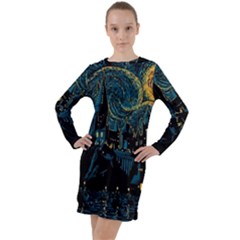 Castle Starry Night Van Gogh Parody Long Sleeve Hoodie Dress by Sarkoni