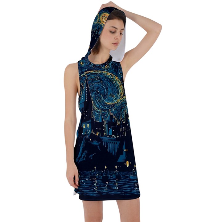 Castle Starry Night Van Gogh Parody Racer Back Hoodie Dress