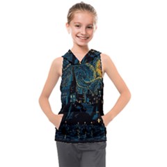 Castle Starry Night Van Gogh Parody Kids  Sleeveless Hoodie by Sarkoni