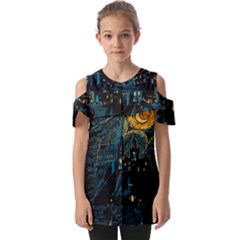 Castle Starry Night Van Gogh Parody Fold Over Open Sleeve Top by Sarkoni