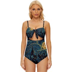 Castle Starry Night Van Gogh Parody Knot Front One-piece Swimsuit by Sarkoni