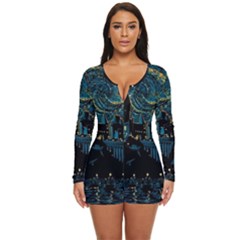 Castle Starry Night Van Gogh Parody Long Sleeve Boyleg Swimsuit by Sarkoni