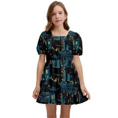 Castle Starry Night Van Gogh Parody Kids  Short Sleeve Dolly Dress by Sarkoni