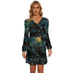 Castle Starry Night Van Gogh Parody Long Sleeve Waist Tie Ruffle Velvet Dress by Sarkoni