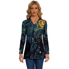 Castle Starry Night Van Gogh Parody Long Sleeve Drawstring Hooded Top by Sarkoni