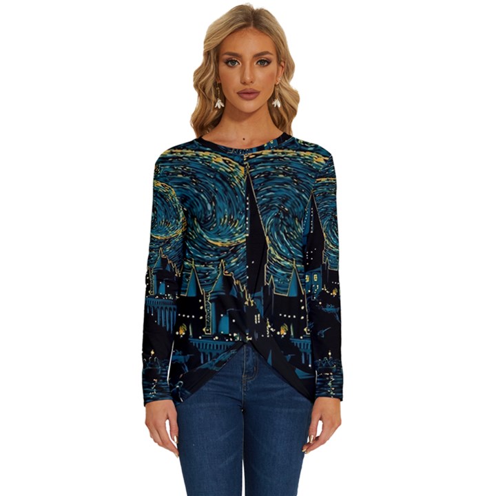 Castle Starry Night Van Gogh Parody Long Sleeve Crew Neck Pullover Top