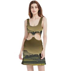 Mountains Village Trees Hills Velour Cutout Dress by Sarkoni