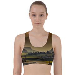 Mountains Village Trees Hills Back Weave Sports Bra by Sarkoni