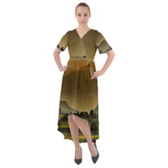 Mountains Village Trees Hills Front Wrap High Low Dress by Sarkoni