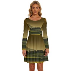 Mountains Village Trees Hills Long Sleeve Wide Neck Velvet Dress by Sarkoni