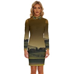 Mountains Village Trees Hills Long Sleeve Shirt Collar Bodycon Dress by Sarkoni