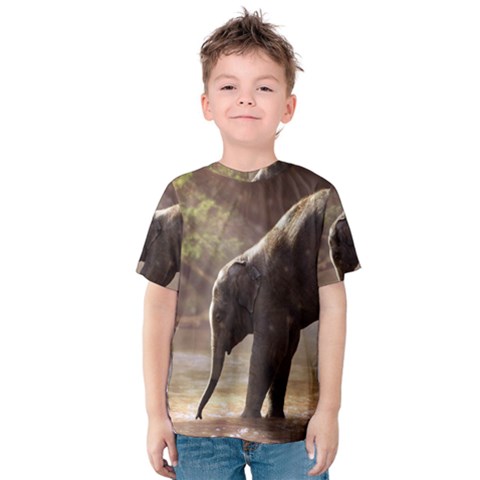 Baby Elephant Watering Hole Kids  Cotton T-shirt by Sarkoni