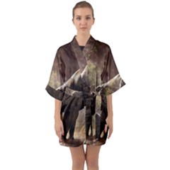 Baby Elephant Watering Hole Half Sleeve Satin Kimono  by Sarkoni