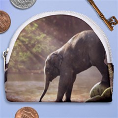 Baby Elephant Watering Hole Horseshoe Style Canvas Pouch by Sarkoni