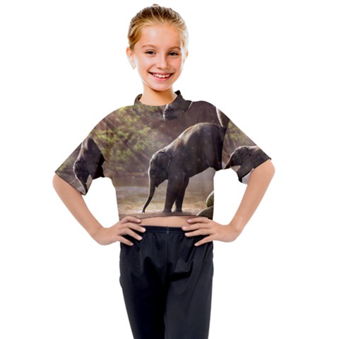 Baby Elephant Watering Hole Kids Mock Neck T-shirt by Sarkoni