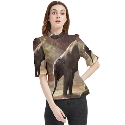 Baby Elephant Watering Hole Frill Neck Blouse by Sarkoni