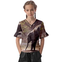 Baby Elephant Watering Hole Kids  V-neck Horn Sleeve Blouse by Sarkoni