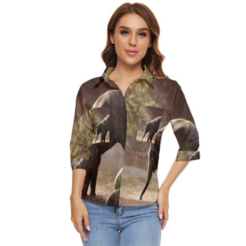 Baby Elephant Watering Hole Women s Quarter Sleeve Pocket Shirt by Sarkoni