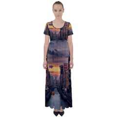 River Buildings City Urban High Waist Short Sleeve Maxi Dress by Sarkoni