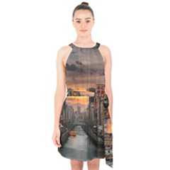 River Buildings City Urban Halter Collar Waist Tie Chiffon Dress by Sarkoni