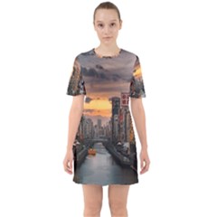 River Buildings City Urban Sixties Short Sleeve Mini Dress by Sarkoni