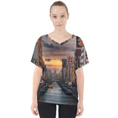 River Buildings City Urban V-neck Dolman Drape Top by Sarkoni