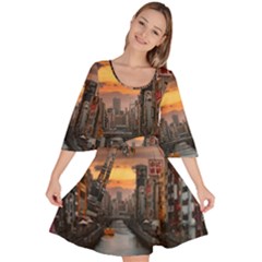 River Buildings City Urban Velour Kimono Dress by Sarkoni