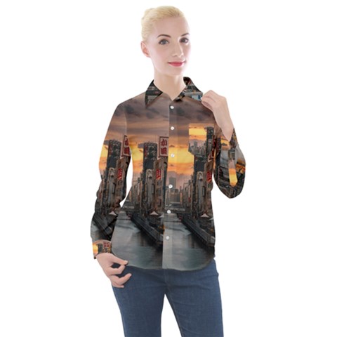 River Buildings City Urban Women s Long Sleeve Pocket Shirt by Sarkoni