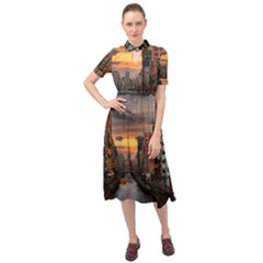 River Buildings City Urban Keyhole Neckline Chiffon Dress by Sarkoni