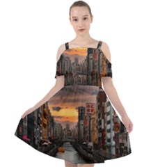 River Buildings City Urban Cut Out Shoulders Chiffon Dress by Sarkoni