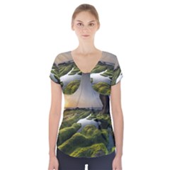 Coast Algae Sea Beach Shore Short Sleeve Front Detail Top by Sarkoni