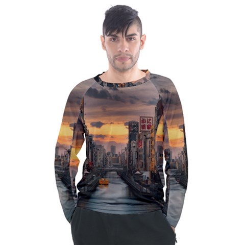 River Buildings City Urban Men s Long Sleeve Raglan T-shirt by Sarkoni