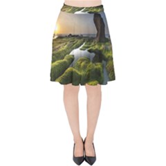 Coast Algae Sea Beach Shore Velvet High Waist Skirt by Sarkoni