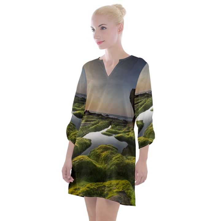 Coast Algae Sea Beach Shore Open Neck Shift Dress