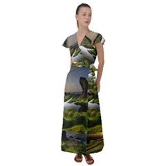 Coast Algae Sea Beach Shore Flutter Sleeve Maxi Dress by Sarkoni