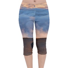 Landscape Sky Clouds Mountain Road Velvet Capri Leggings  by Sarkoni