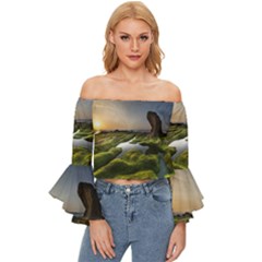 Coast Algae Sea Beach Shore Off Shoulder Flutter Bell Sleeve Top by Sarkoni