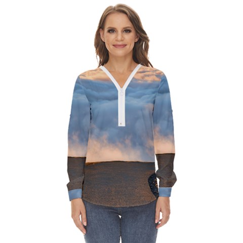 Landscape Sky Clouds Mountain Road Zip Up Long Sleeve Blouse by Sarkoni